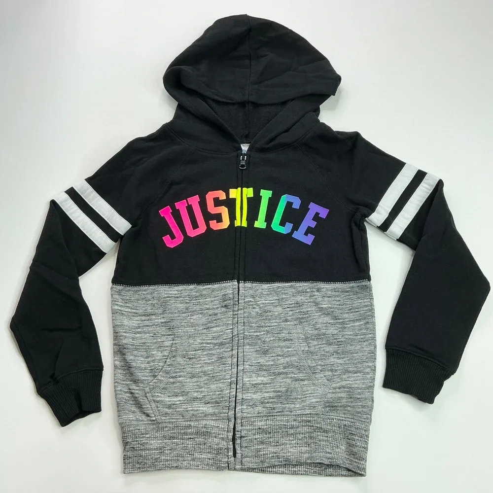 Justice Black Rainbow Logo Zip Up Hoodie Kids Size 6/7 Colorblock Varsity
